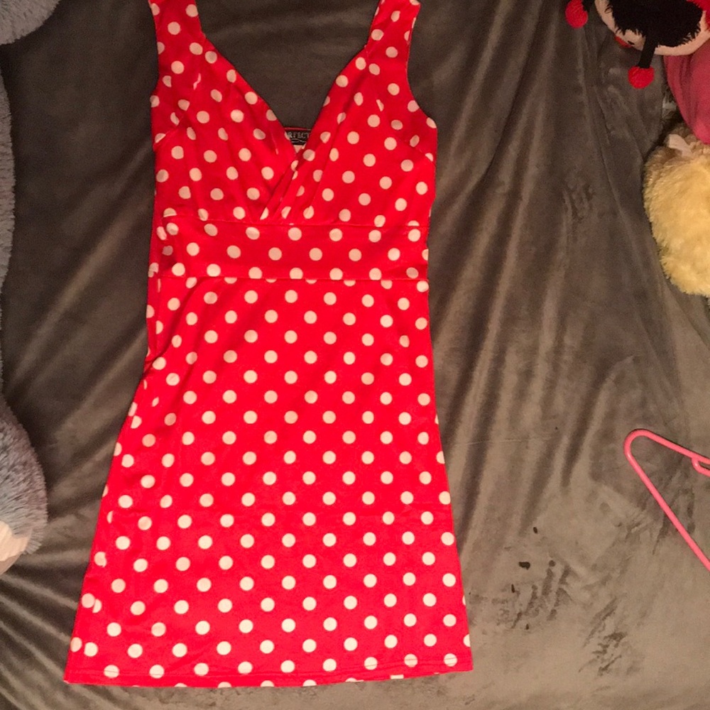 Red: white polka dot dress
